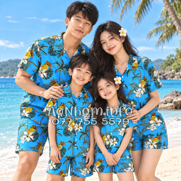 Bộ Áo Quần Nhóm Đi Biển Thơm Dứa Cây Dừa Hoa Sứ Xanh Tropical