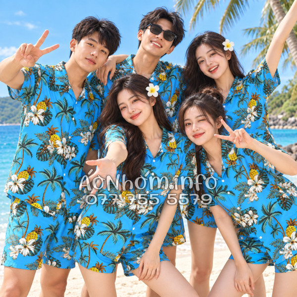 Bộ Áo Quần Nhóm Đi Biển Thơm Dứa Cây Dừa Hoa Sứ Xanh Tropical