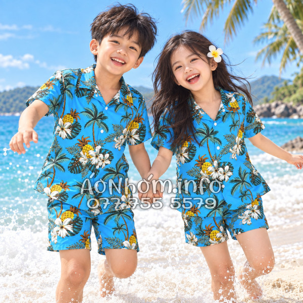 Bộ Áo Quần Nhóm Đi Biển Thơm Dứa Cây Dừa Hoa Sứ Xanh Tropical