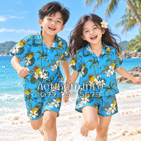Bộ Áo Quần Nhóm Đi Biển Thơm Dứa Cây Dừa Hoa Sứ Xanh Tropical