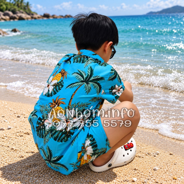 Bộ Áo Quần Nhóm Đi Biển Thơm Dứa Cây Dừa Hoa Sứ Xanh Tropical
