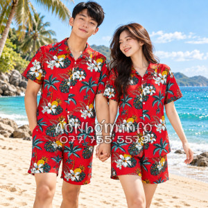 Bộ Áo Quần Nhóm Đi Biển Thơm Dứa Cây Dừa Hoa Sứ Đỏ Tropical
