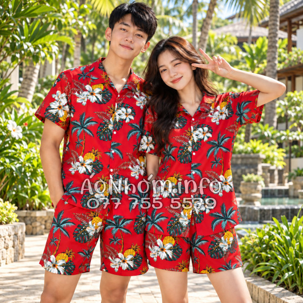 Bộ Áo Quần Nhóm Đi Biển Thơm Dứa Cây Dừa Hoa Sứ Đỏ Tropical