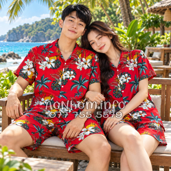 Bộ Áo Quần Nhóm Đi Biển Thơm Dứa Cây Dừa Hoa Sứ Đỏ Tropical