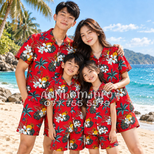 Bộ Áo Quần Nhóm Đi Biển Thơm Dứa Cây Dừa Hoa Sứ Đỏ Tropical
