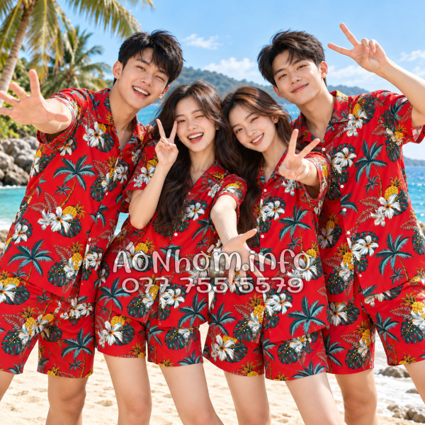 Bộ Áo Quần Nhóm Đi Biển Thơm Dứa Cây Dừa Hoa Sứ Đỏ Tropical