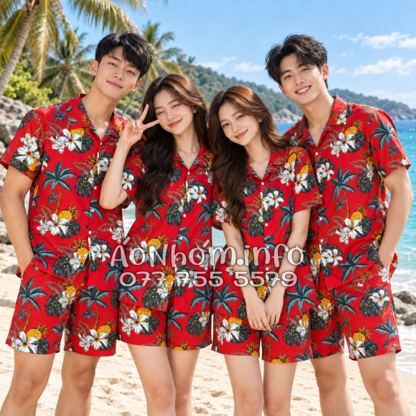 Bộ Áo Quần Nhóm Đi Biển Thơm Dứa Cây Dừa Hoa Sứ Đỏ Tropical