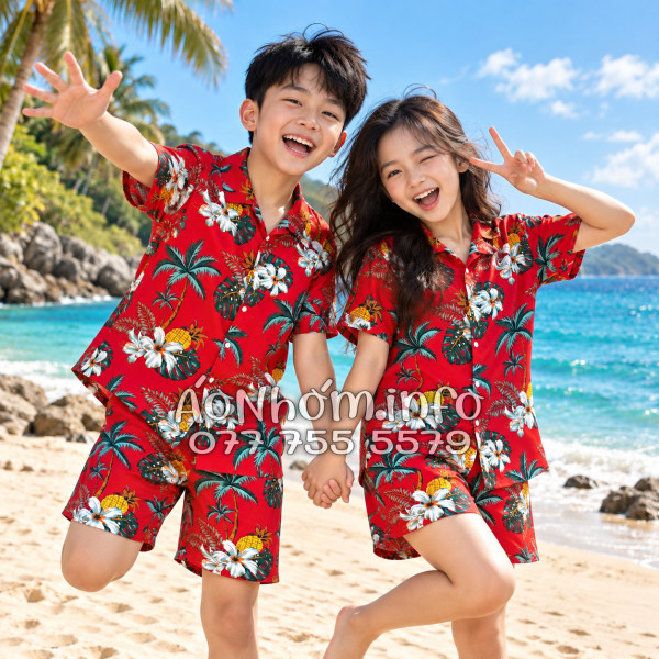 Bộ Áo Quần Nhóm Đi Biển Thơm Dứa Cây Dừa Hoa Sứ Đỏ Tropical