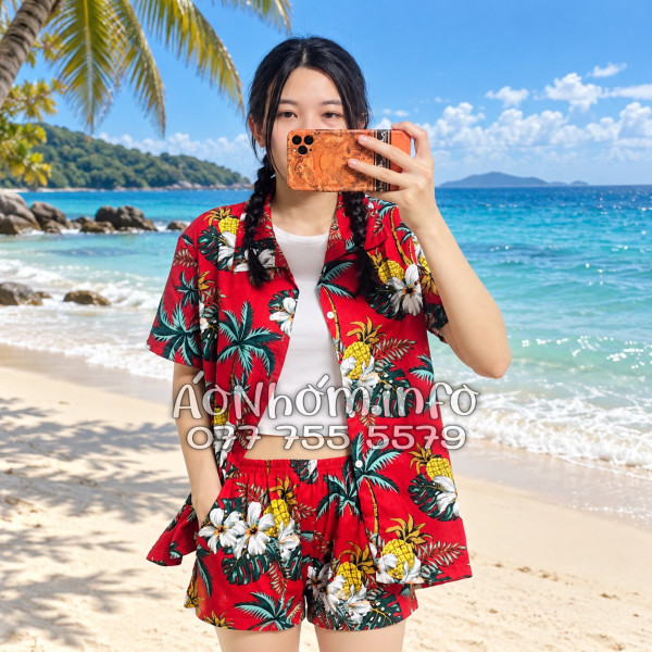 Bộ Áo Quần Nhóm Đi Biển Thơm Dứa Cây Dừa Hoa Sứ Đỏ Tropical