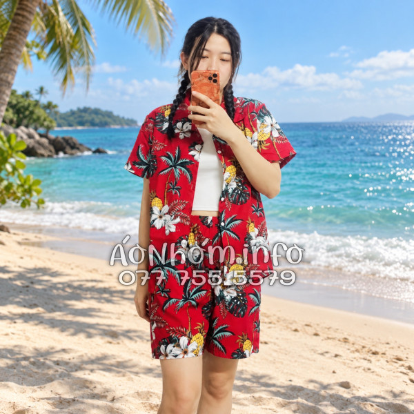 Bộ Áo Quần Nhóm Đi Biển Thơm Dứa Cây Dừa Hoa Sứ Đỏ Tropical