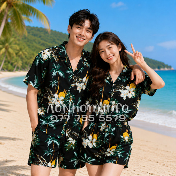 Bộ Áo Quần Nhóm Đi Biển Thơm Dứa Cây Dừa Hoa Sứ Đen Tropical