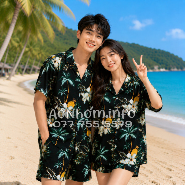 Bộ Áo Quần Nhóm Đi Biển Thơm Dứa Cây Dừa Hoa Sứ Đen Tropical