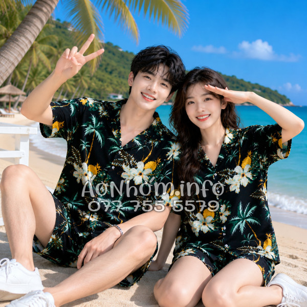 Bộ Áo Quần Nhóm Đi Biển Thơm Dứa Cây Dừa Hoa Sứ Đen Tropical