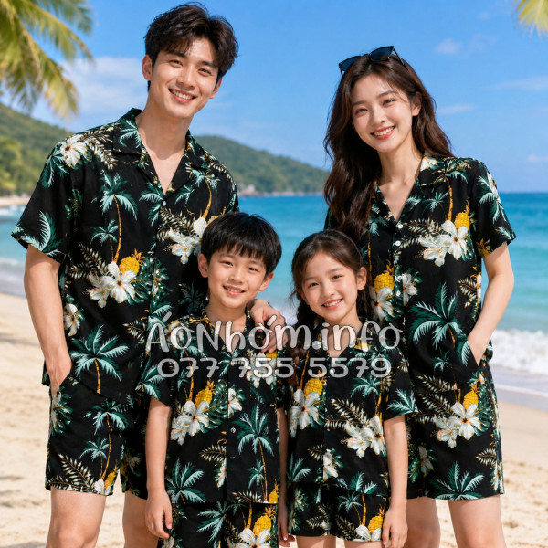 Bộ Áo Quần Nhóm Đi Biển Thơm Dứa Cây Dừa Hoa Sứ Đen Tropical
