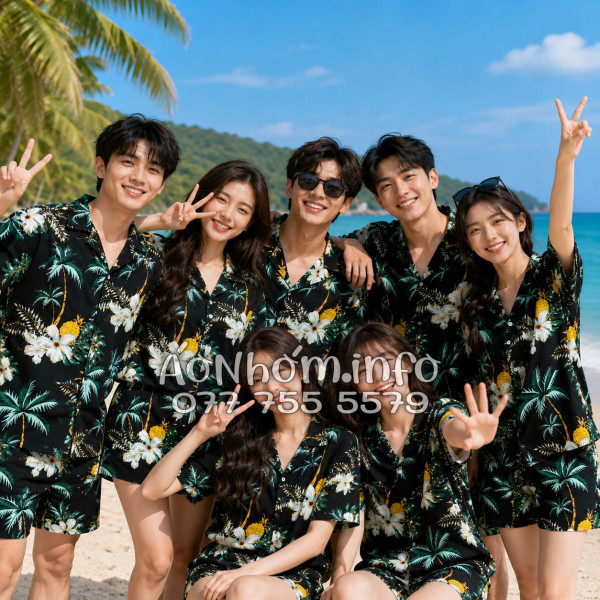 Bộ Áo Quần Nhóm Đi Biển Thơm Dứa Cây Dừa Hoa Sứ Đen Tropical
