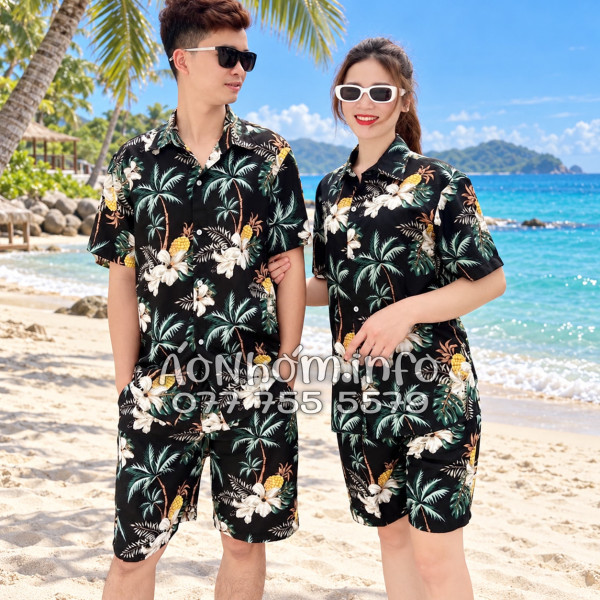 Bộ Áo Quần Nhóm Đi Biển Thơm Dứa Cây Dừa Hoa Sứ Đen Tropical