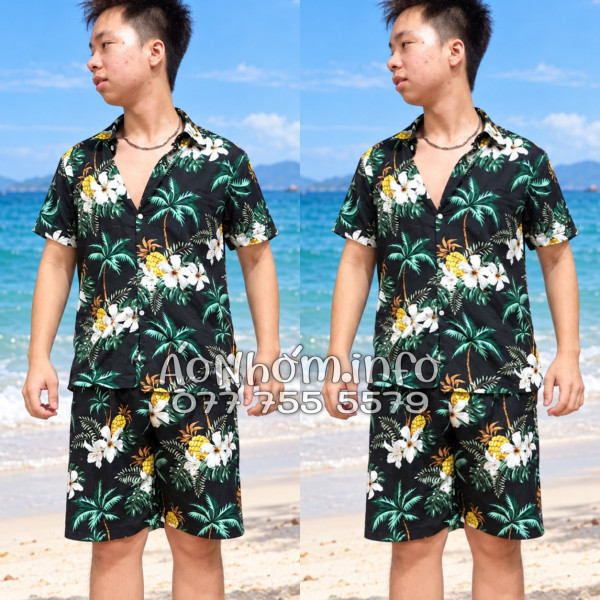 Bộ Áo Quần Nhóm Đi Biển Thơm Dứa Cây Dừa Hoa Sứ Đen Tropical