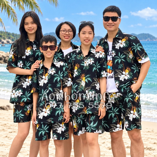 Bộ Áo Quần Nhóm Đi Biển Thơm Dứa Cây Dừa Hoa Sứ Đen Tropical