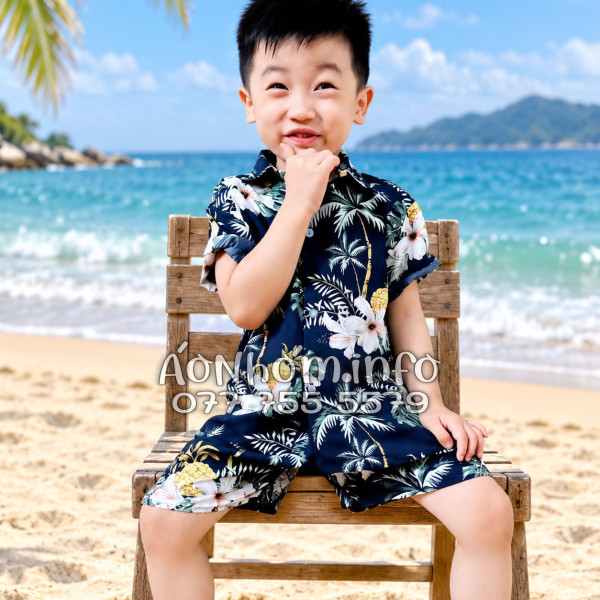 Bộ Áo Quần Nhóm Đi Biển Thơm Dứa Cây Dừa Hoa Sứ Đen Tropical