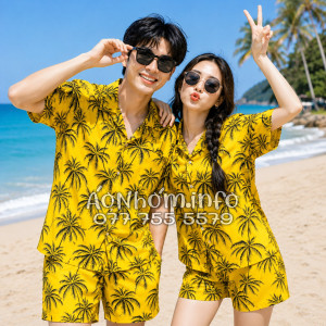 Bộ Áo Quần Nhóm Đi Biển Họa Tiết Cây Dừa Đen Nền Vàng Tropical