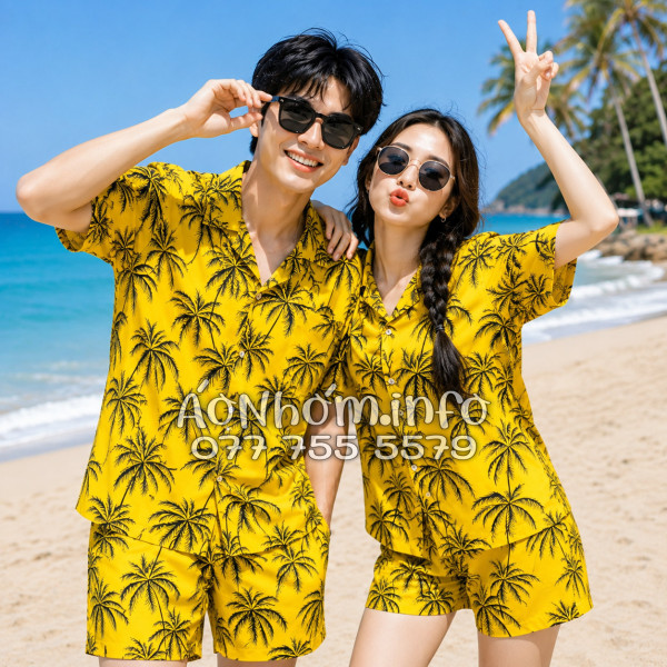 Bộ Áo Quần Nhóm Đi Biển Họa Tiết Cây Dừa Đen Nền Vàng Tropical