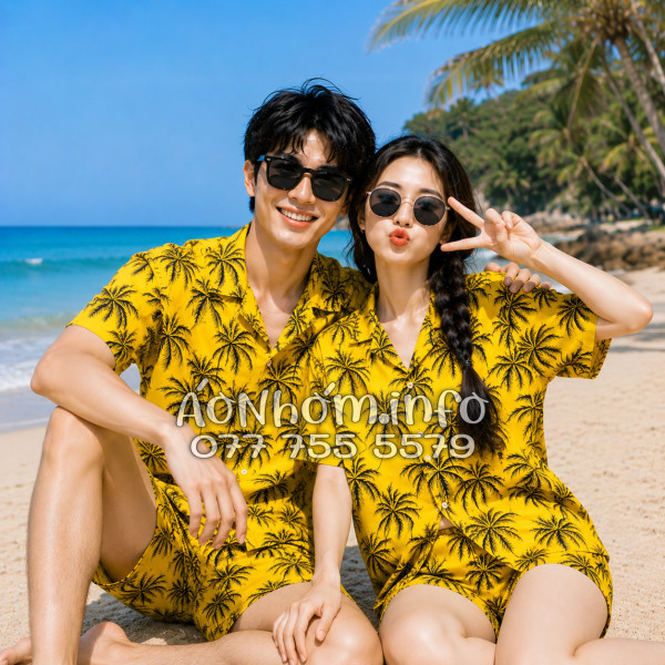 Bộ Áo Quần Nhóm Đi Biển Họa Tiết Cây Dừa Đen Nền Vàng Tropical