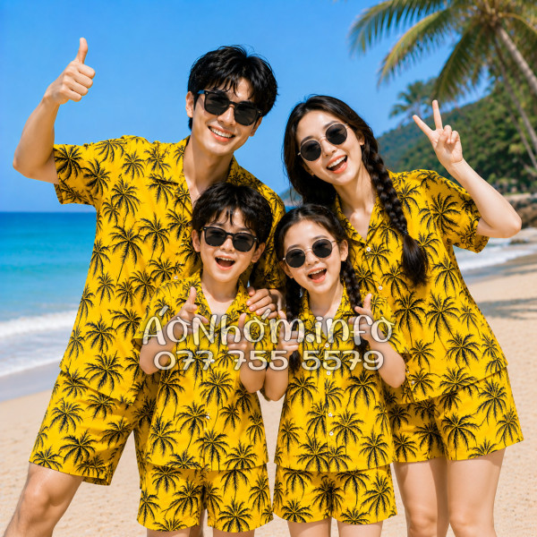 Bộ Áo Quần Nhóm Đi Biển Họa Tiết Cây Dừa Đen Nền Vàng Tropical