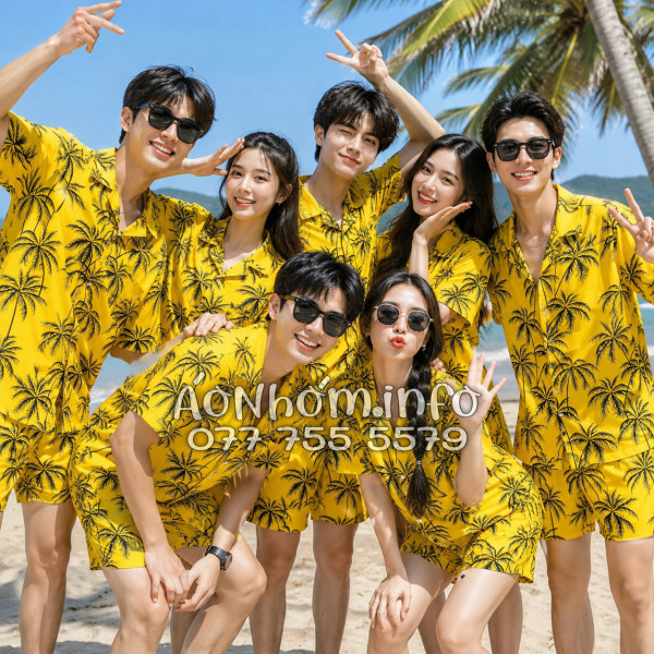 Bộ Áo Quần Nhóm Đi Biển Họa Tiết Cây Dừa Đen Nền Vàng Tropical