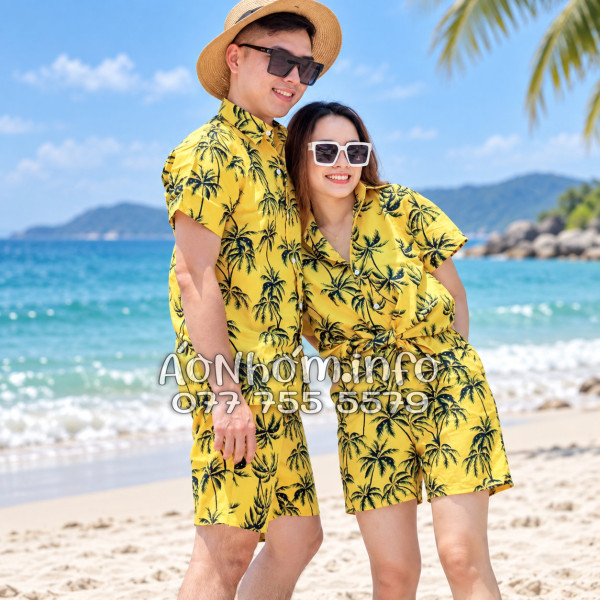 Bộ Áo Quần Nhóm Đi Biển Họa Tiết Cây Dừa Đen Nền Vàng Tropical