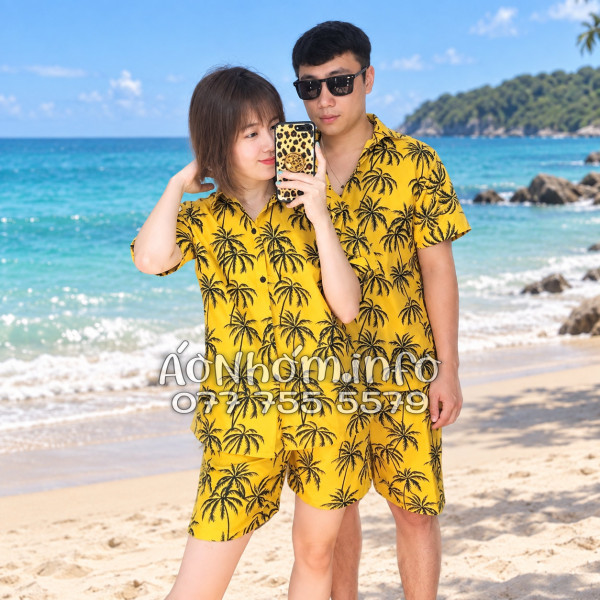 Bộ Áo Quần Nhóm Đi Biển Họa Tiết Cây Dừa Đen Nền Vàng Tropical