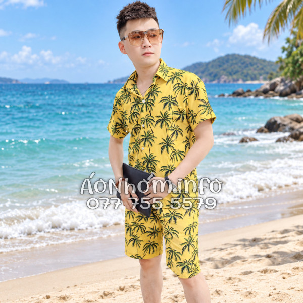 Bộ Áo Quần Nhóm Đi Biển Họa Tiết Cây Dừa Đen Nền Vàng Tropical