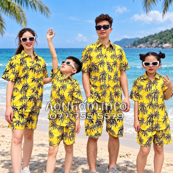Bộ Áo Quần Nhóm Đi Biển Họa Tiết Cây Dừa Đen Nền Vàng Tropical