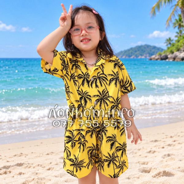 Bộ Áo Quần Nhóm Đi Biển Họa Tiết Cây Dừa Đen Nền Vàng Tropical