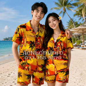 Bộ Áo Quần Nhóm Đi Biển Họa Tiết Hoàng Hôn Cây Dừa Cam Đỏ Tropical