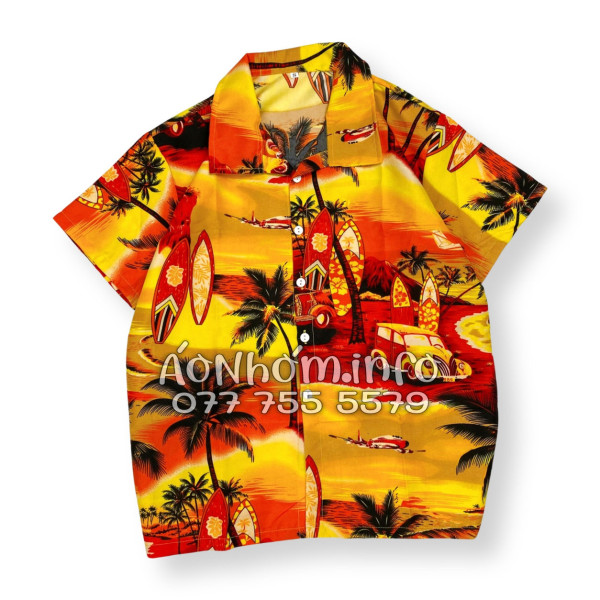 Bộ Áo Quần Nhóm Đi Biển Họa Tiết Hoàng Hôn Cây Dừa Cam Đỏ Tropical
