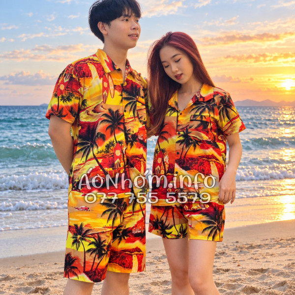 Bộ Áo Quần Nhóm Đi Biển Họa Tiết Hoàng Hôn Cây Dừa Cam Đỏ Tropical