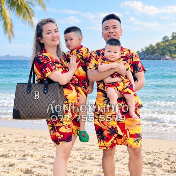 Bộ Áo Quần Nhóm Đi Biển Họa Tiết Hoàng Hôn Cây Dừa Cam Đỏ Tropical