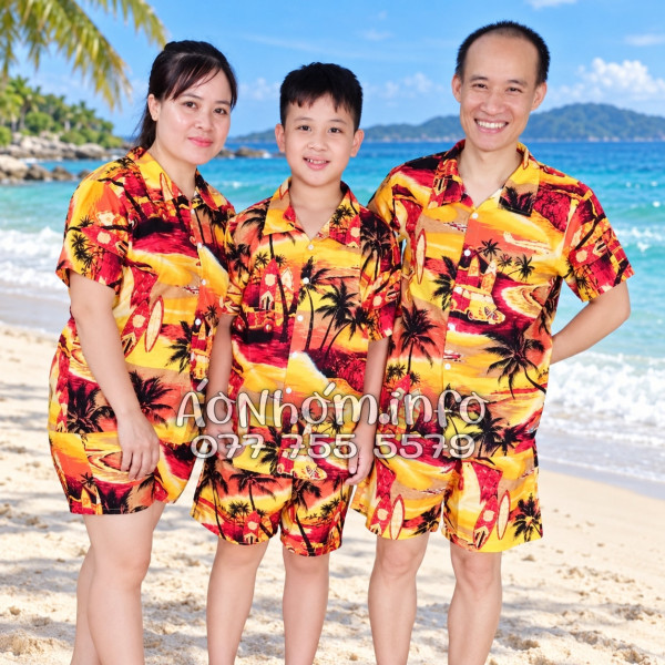 Bộ Áo Quần Nhóm Đi Biển Họa Tiết Hoàng Hôn Cây Dừa Cam Đỏ Tropical