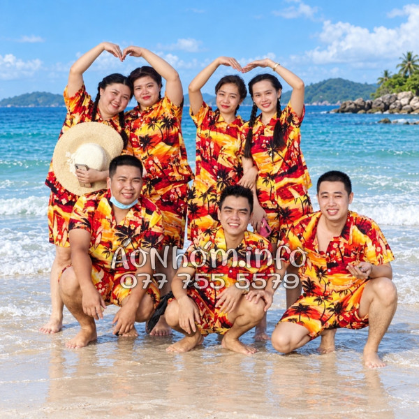 Bộ Áo Quần Nhóm Đi Biển Họa Tiết Hoàng Hôn Cây Dừa Cam Đỏ Tropical