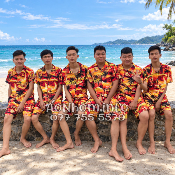 Bộ Áo Quần Nhóm Đi Biển Họa Tiết Hoàng Hôn Cây Dừa Cam Đỏ Tropical