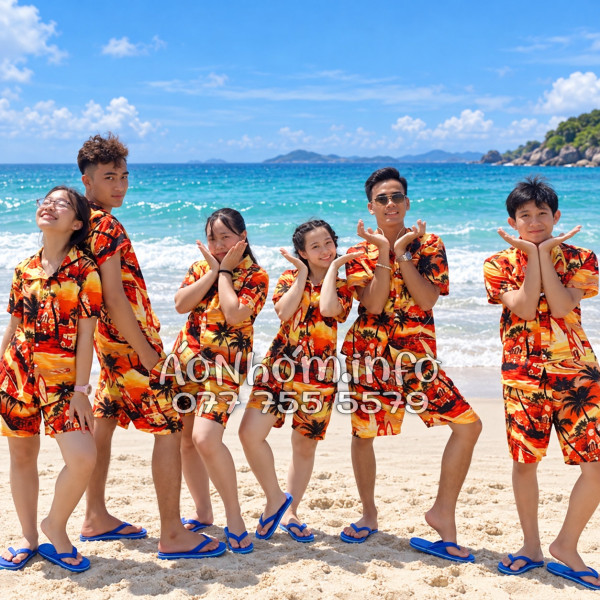 Bộ Áo Quần Nhóm Đi Biển Họa Tiết Hoàng Hôn Cây Dừa Cam Đỏ Tropical