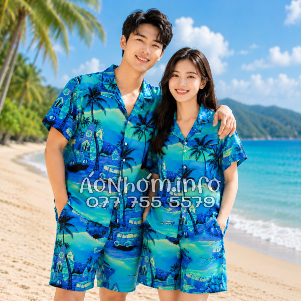 Bộ Áo Quần Nhóm Đi Biển Họa Tiết Cây Dừa Xanh Tropical