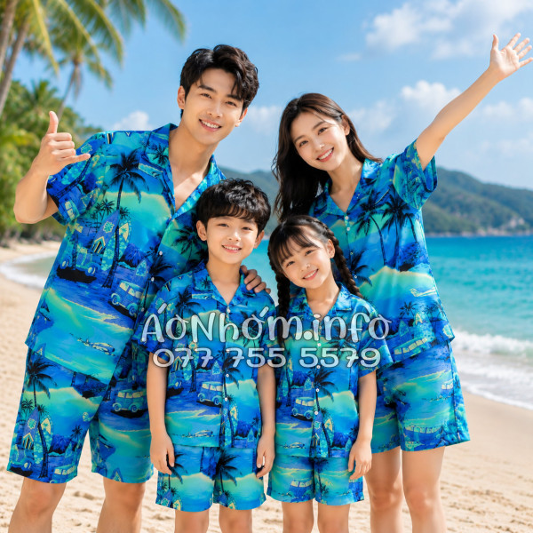 Bộ Áo Quần Nhóm Đi Biển Họa Tiết Cây Dừa Xanh Tropical