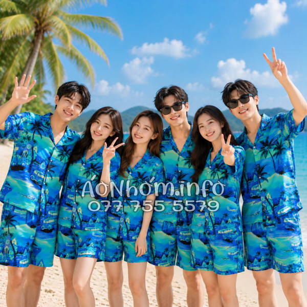 Bộ Áo Quần Nhóm Đi Biển Họa Tiết Cây Dừa Xanh Tropical