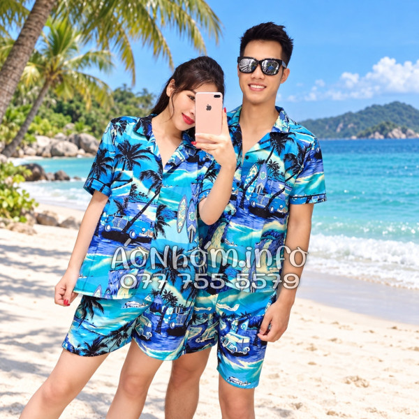 Bộ Áo Quần Nhóm Đi Biển Họa Tiết Cây Dừa Xanh Tropical