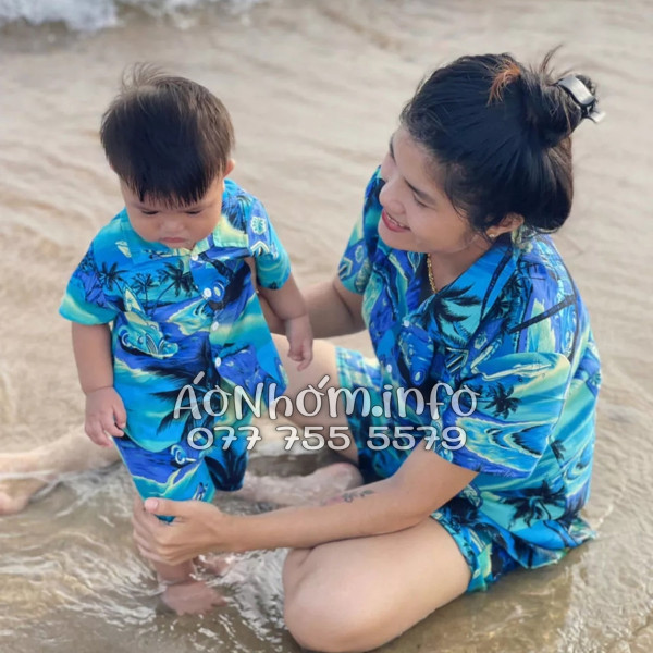 Bộ Áo Quần Nhóm Đi Biển Họa Tiết Cây Dừa Xanh Tropical