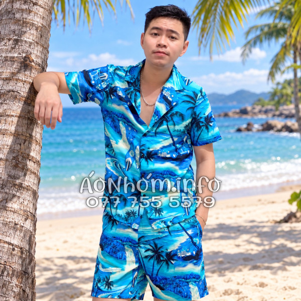 Bộ Áo Quần Nhóm Đi Biển Họa Tiết Cây Dừa Xanh Tropical