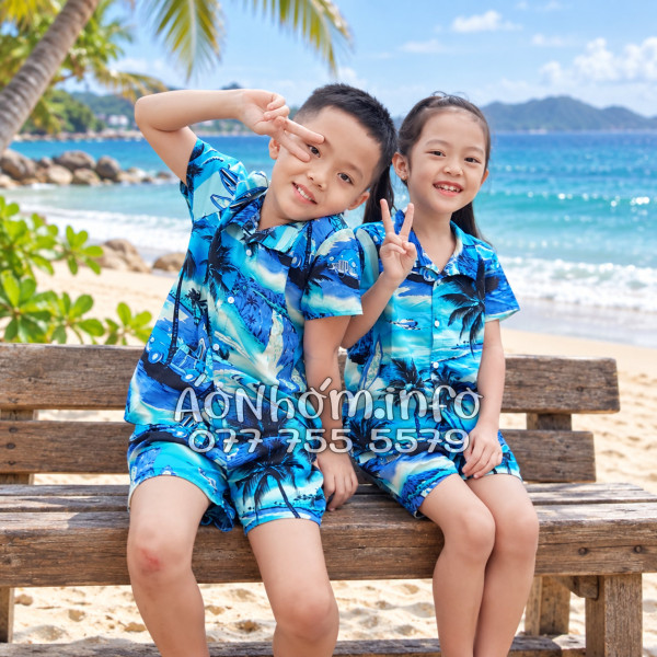 Bộ Áo Quần Nhóm Đi Biển Họa Tiết Cây Dừa Xanh Tropical