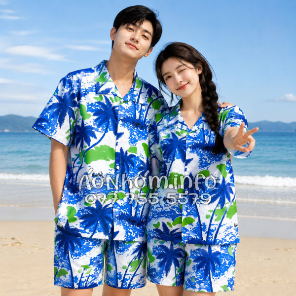 Bộ Áo Quần Nhóm Đi Biển Họa Tiết Cây Dừa Trắng Tropical