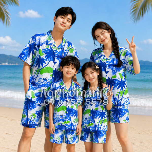 Bộ Áo Quần Nhóm Đi Biển Họa Tiết Cây Dừa Trắng Tropical